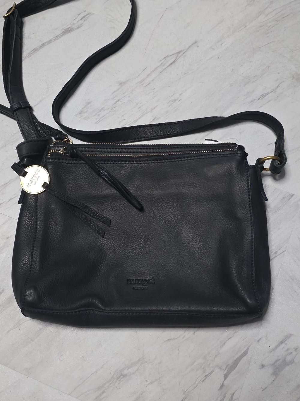 margot Black Pebbled Leather Crossbody with Gold Hardware